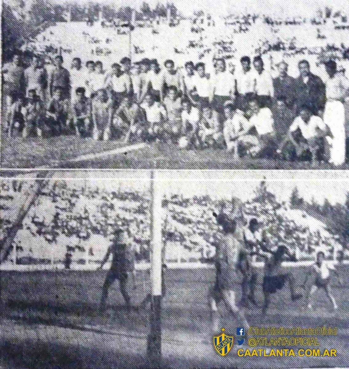 1951. Tercer partido de Atlanta en San Juan. Derrota 2 a 0 a Atlètico de la Juventud en el estadio Parque Mayo. En la foto superior, los dos equipos posan antes del partido. Abajo, el arquero bohemio Antonio Camaratta conjura un ataque de Cejas, del equipo local.